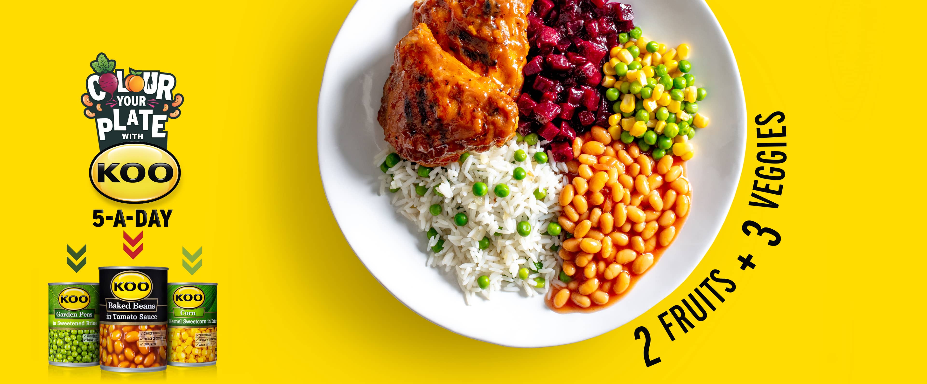 A plate of food containing roast chicken and vegetables on the side which include beetroot, corn, peas and baked beans A plate of food containing roast chicken and vegetables on the side which include beetroot, corn, peas and baked beans