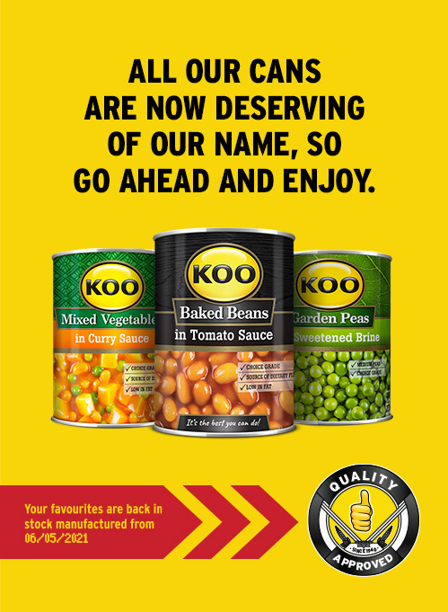 Display of Quality Approved KOO cans that were manufactured from the 6th of May 2021 and are back in stock - Mixed Vegetables in Curry Sauce, Baked Beans in Tomato Sauce and Garden Peas in Sweetened Brine.