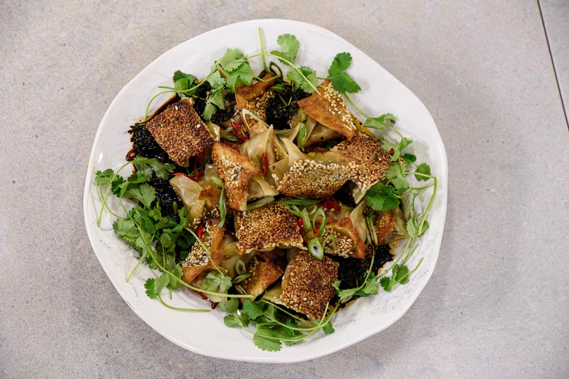 Pilchards in Tomato Suace Potstickers with dipping sauce