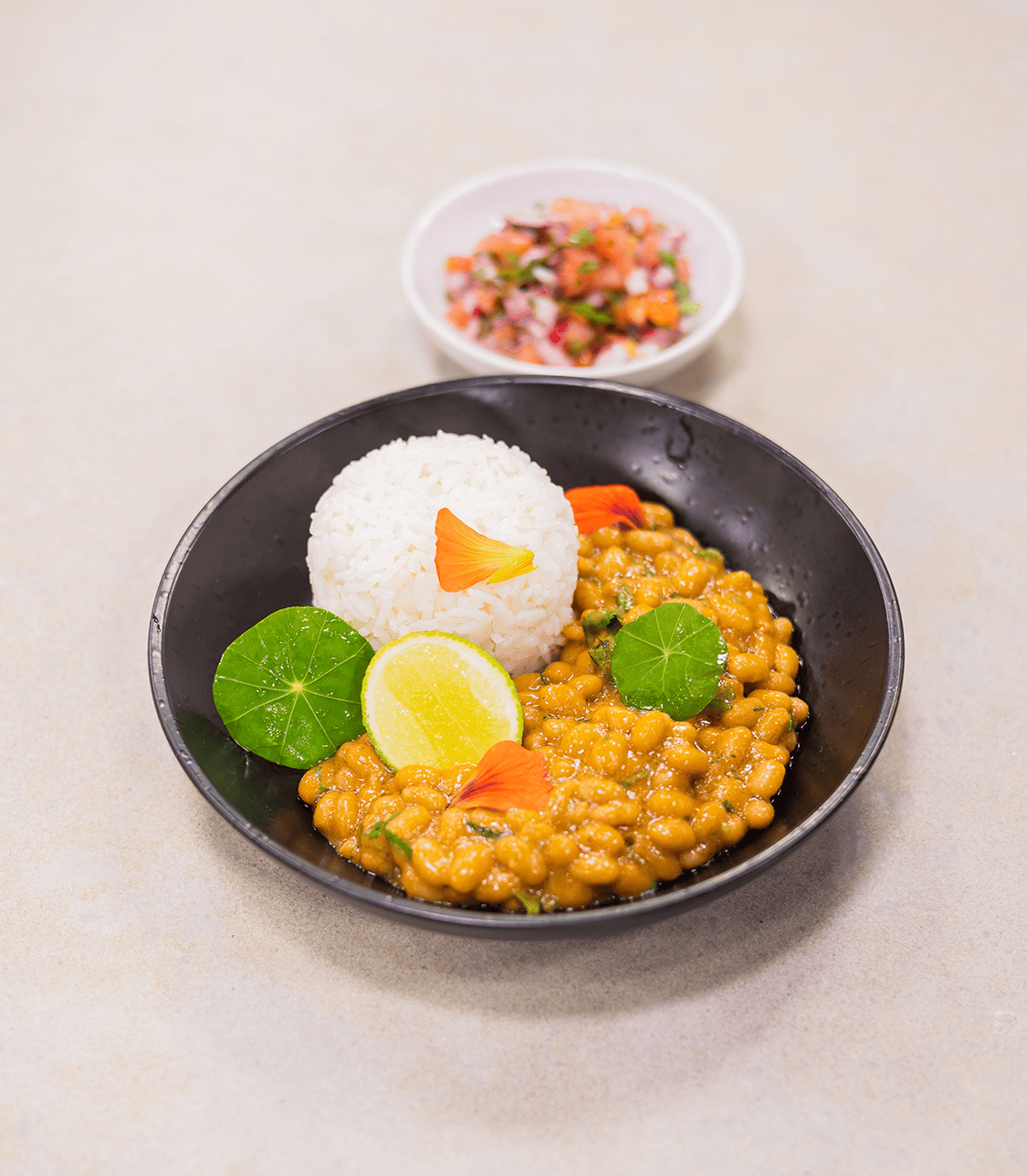Thai curried Baked Beans with Jasmine Rice and Chilli-coriander salsa